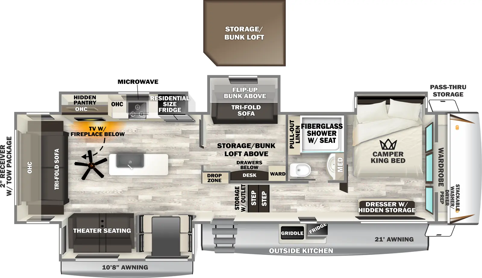 The Sabre 36FLX floorplan has one entry and four slide outs. Exterior features include: fiberglass exterior, 10'8" & 21' awning and outside kitchen. Interiors features include: bunk beds, loft, kitchen island, free-standing dinette option, front bedroom and rear living.